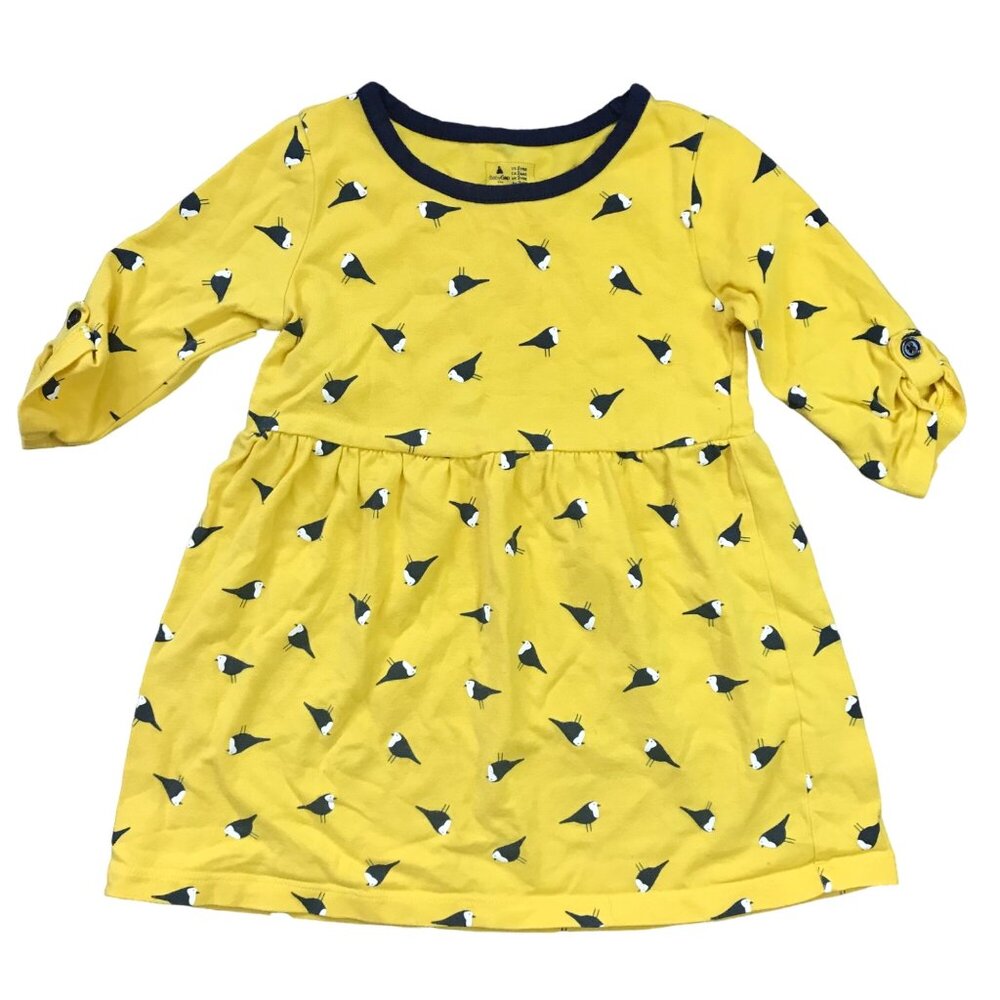 Baby Gap Bird Print Knit Dress Girls Size 2 3/4 Sleeves Yellow Blue Cotton Blend